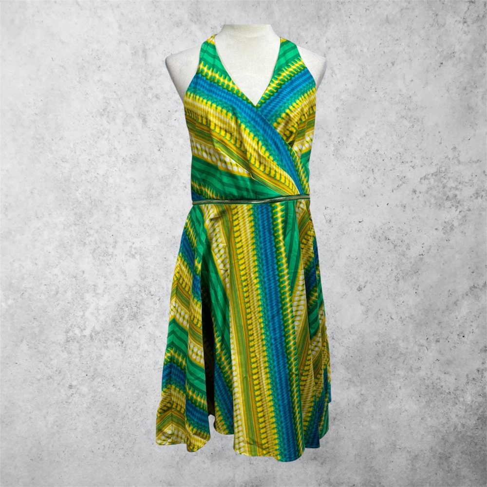 Calvin Klein Size 12 Retro Tropical Stripe Halter Dress Resort Vacation Sundress